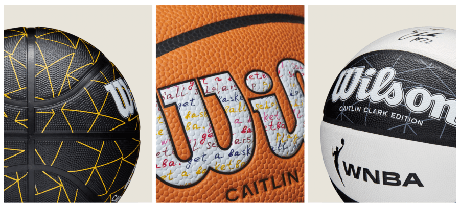 Wilson x Caitlin Clark three basketballs featuring her signature and black and white designs