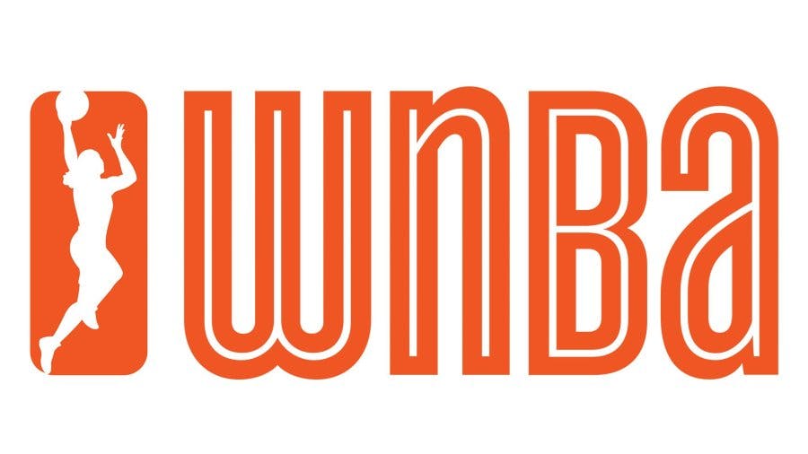 The new WNBA logo in 2013 is a woman laying up a ball in a bright Fire orange color
