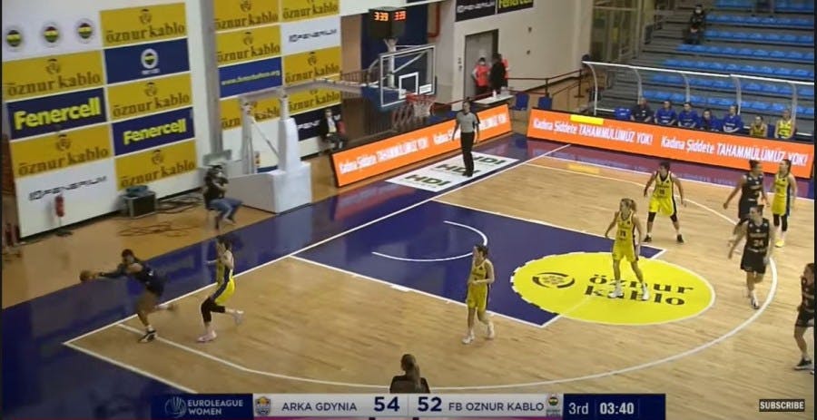 Satou Sabally runs half of the length of the baseline to grab a teammates missed shot in EuroLeague play for Fenerbahc