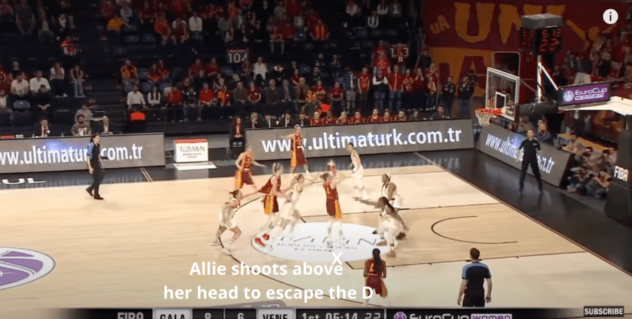 Allie Quigley shoots above her head to get her shot off protected