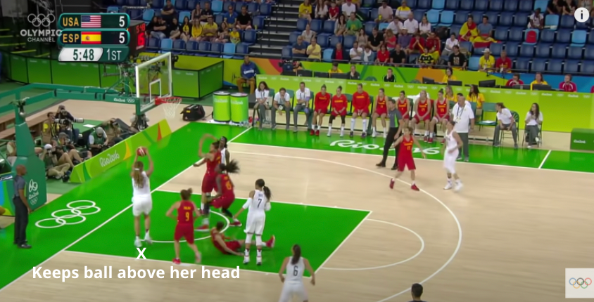 Brittney Griner keeps the ball above her head and shoots