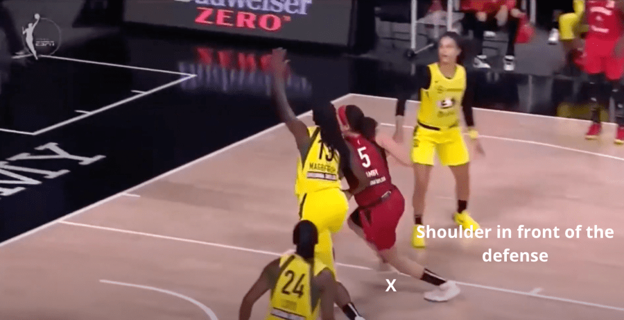 Dearica gets her shoulder in front of the defense
