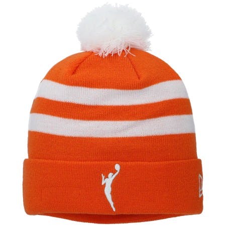 Fun winter orange winter hat with white stripes and the WNBA logo is a great Valentines gift for basketball players