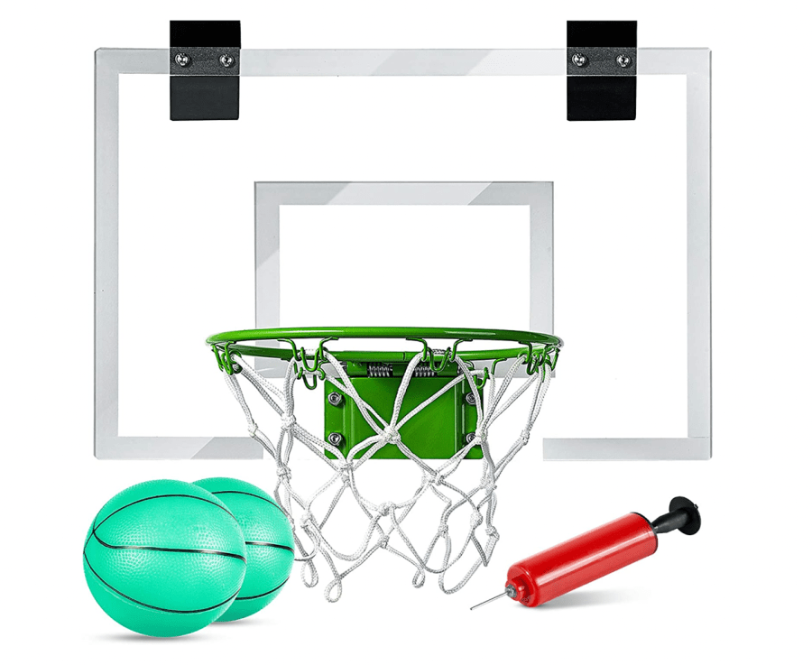 Glow in the dark mini basketball hoop with green ball and rim
