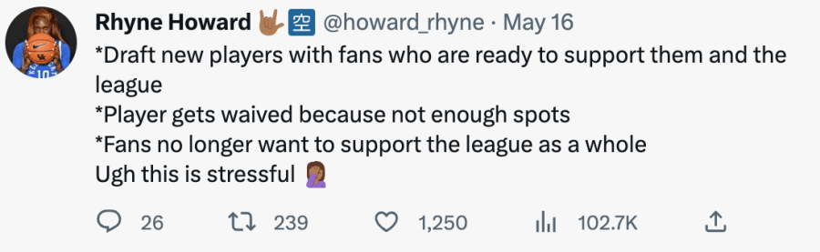 Rhyne Howard tweets ' draft new players with fans who are ready to support them and the league, players get waived because not enough spots, fans no longer want to support the league as a whole, ugh this is stressful'