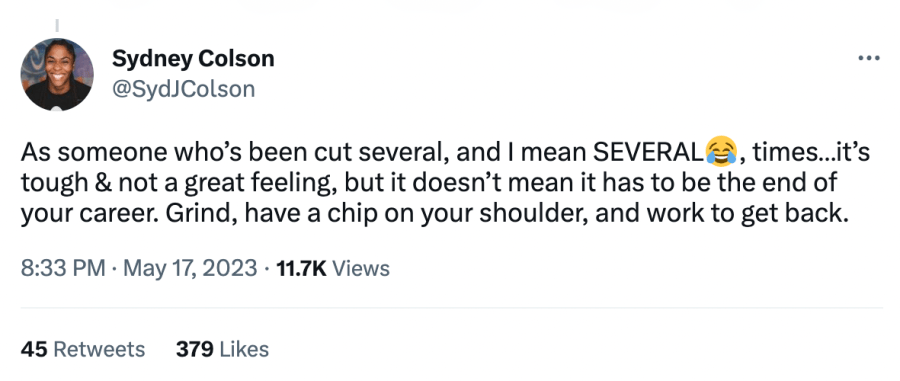 Sydney Colson tweets 'as someone who;s been cut severla, and i mean several times...it's tough & not a great feeling, but it doesn't mean it has to be the end of your career. grind, have a chip on your shoulder, and work to get back'