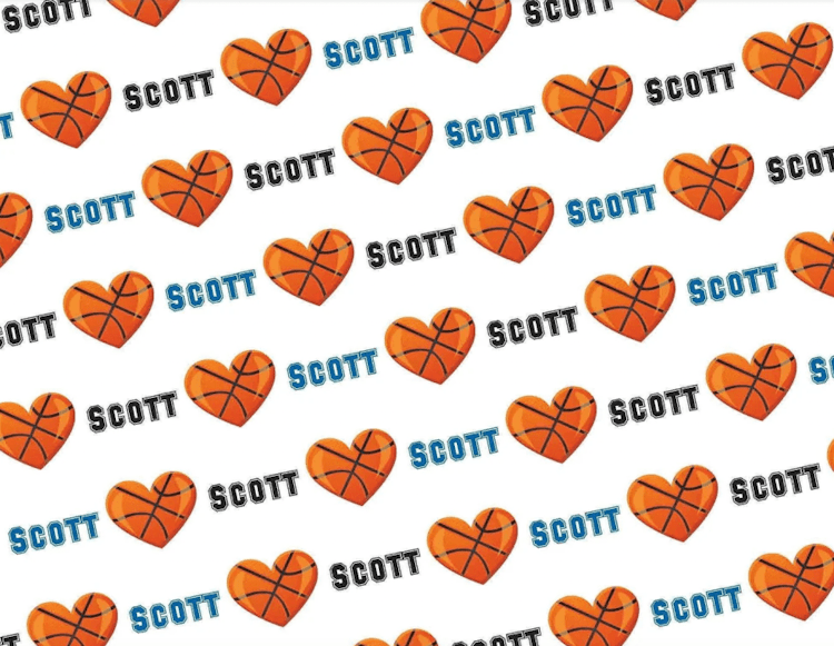 rows of basketball hearts on wrapping paper