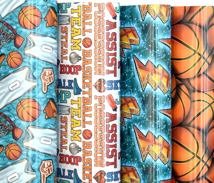 Basketball wrapping paper in teal, white and allover orange basketballs